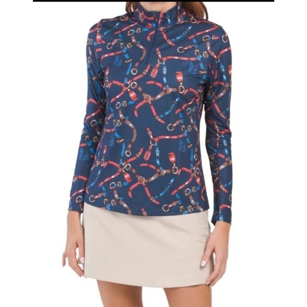 Gottex Women XS Golf Tennis Pickleball Sun Shirt 1/4 Zip Blue Equestrian Mesh